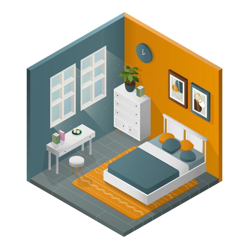 Isometric gradient yellow square bedroom in vector