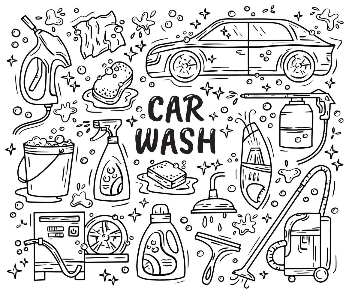 lavado de coches y detaling conjunto de iconos de doodle vector