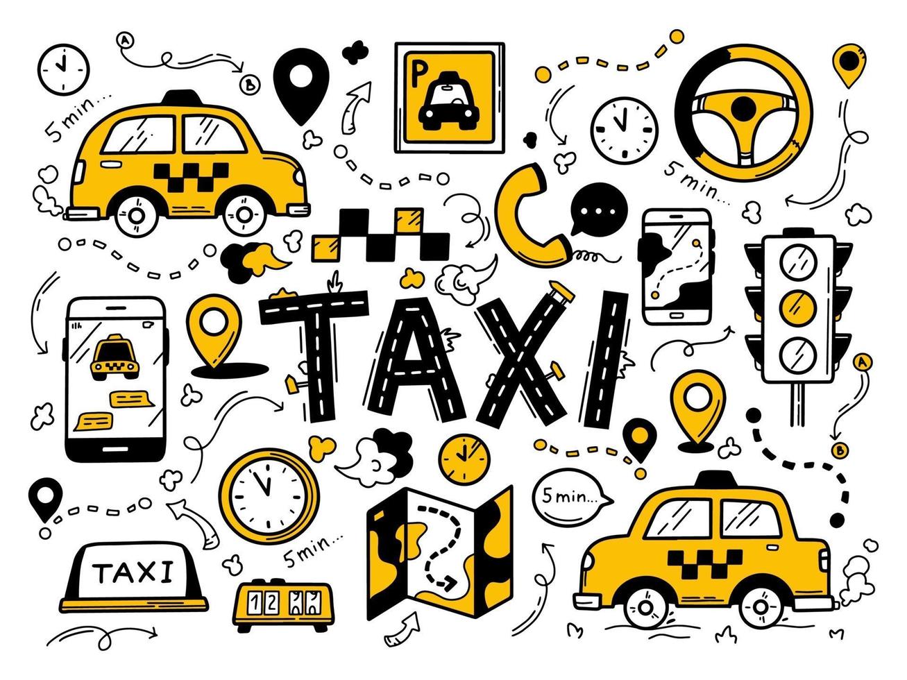 Taxi set in the doodle hand-drawn style. vector