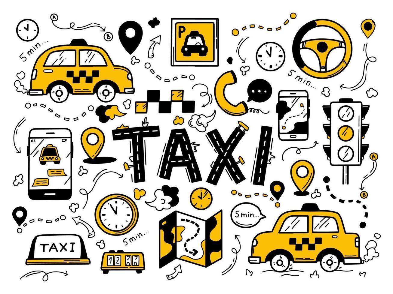 taxi en el estilo de doodle dibujado a mano. vector