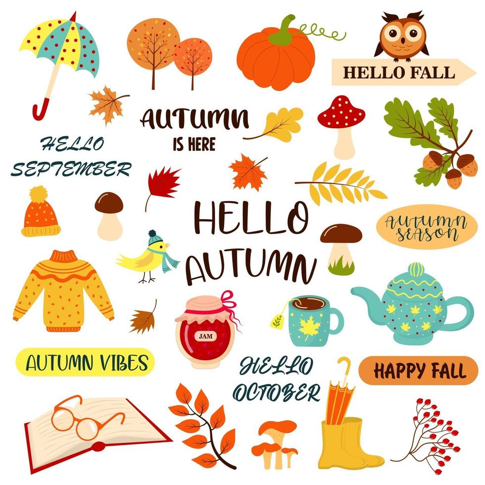 Hello autumn set with autumn phrases and cozy fall season elements. vector