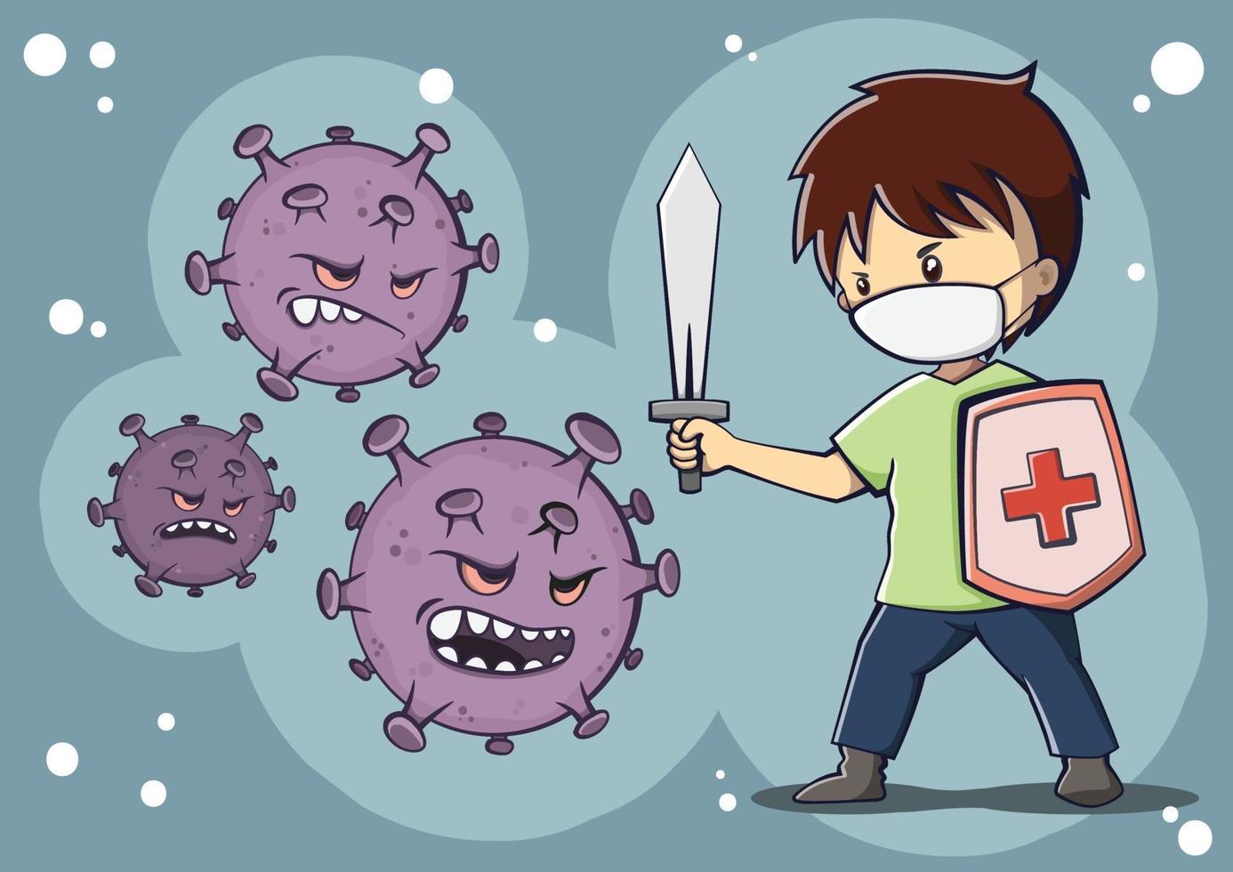 niño luchando contra la ilustración del virus corona vector