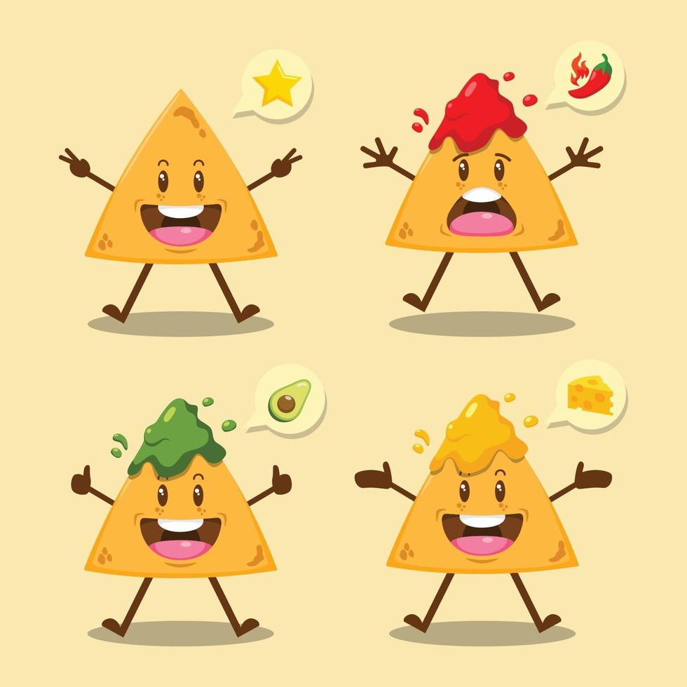 lindo, caricatura, nachos, con, salsa, conjunto vector