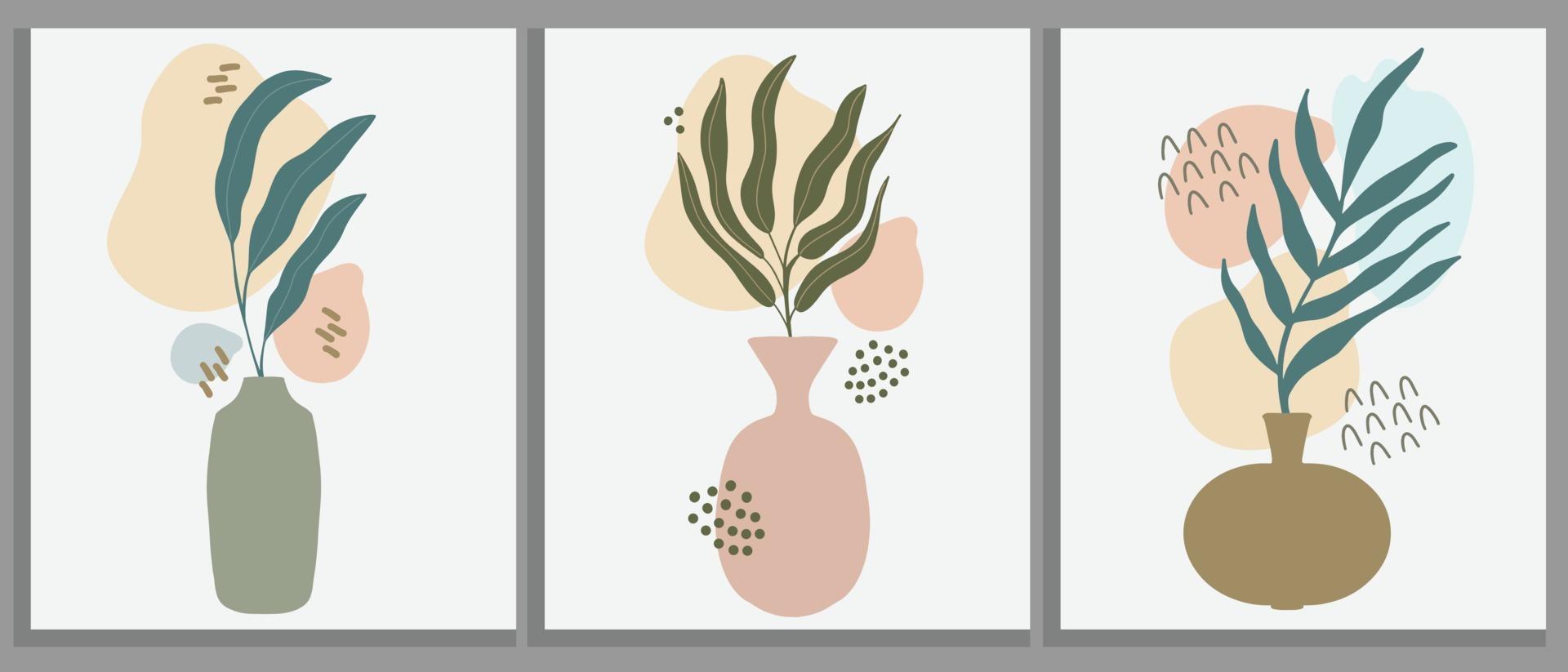 Abstract botanical wall decoration poster set. Plant branch in vase vector