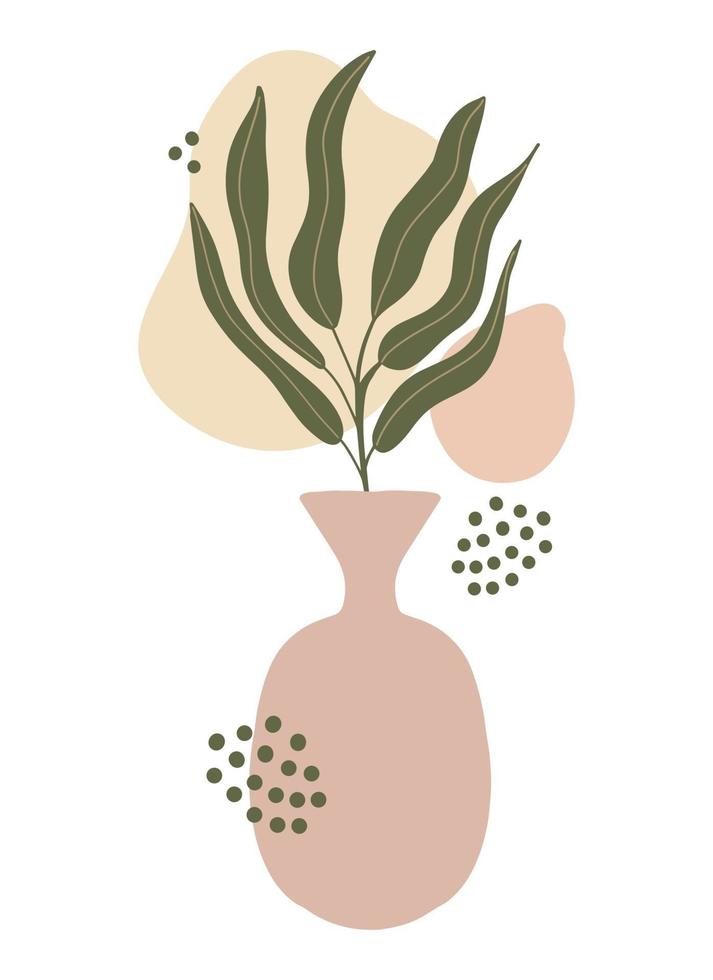 Abstract botanical collage with vase, palm leaf silhouette, shapes vector