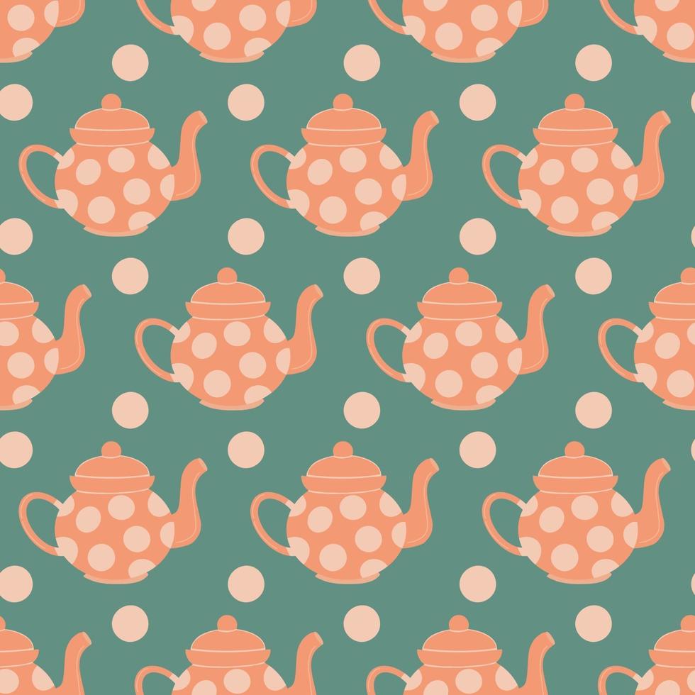 Seamless pattern cute background with tea pot, dots on blue background vector