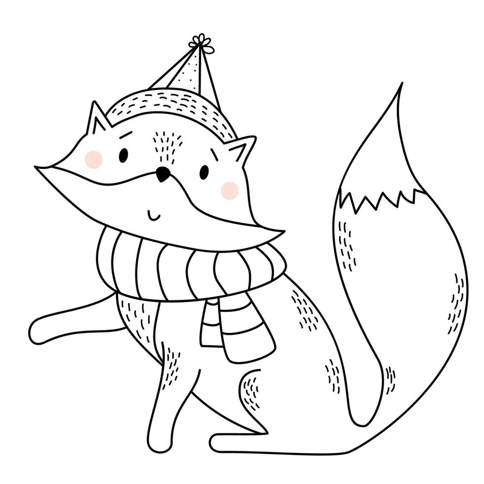 Fox in a scarf and hat. Cute wild animal. outline vector