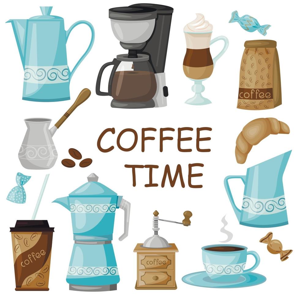 cafetera, molinillo de café y todo lo relacionado con el café. vector