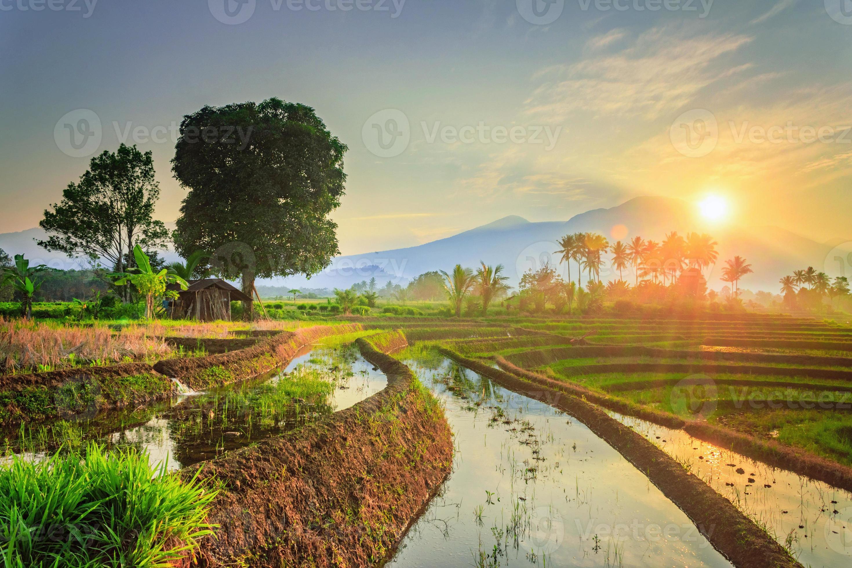 morning view in small village with mountain at sunrise in summer