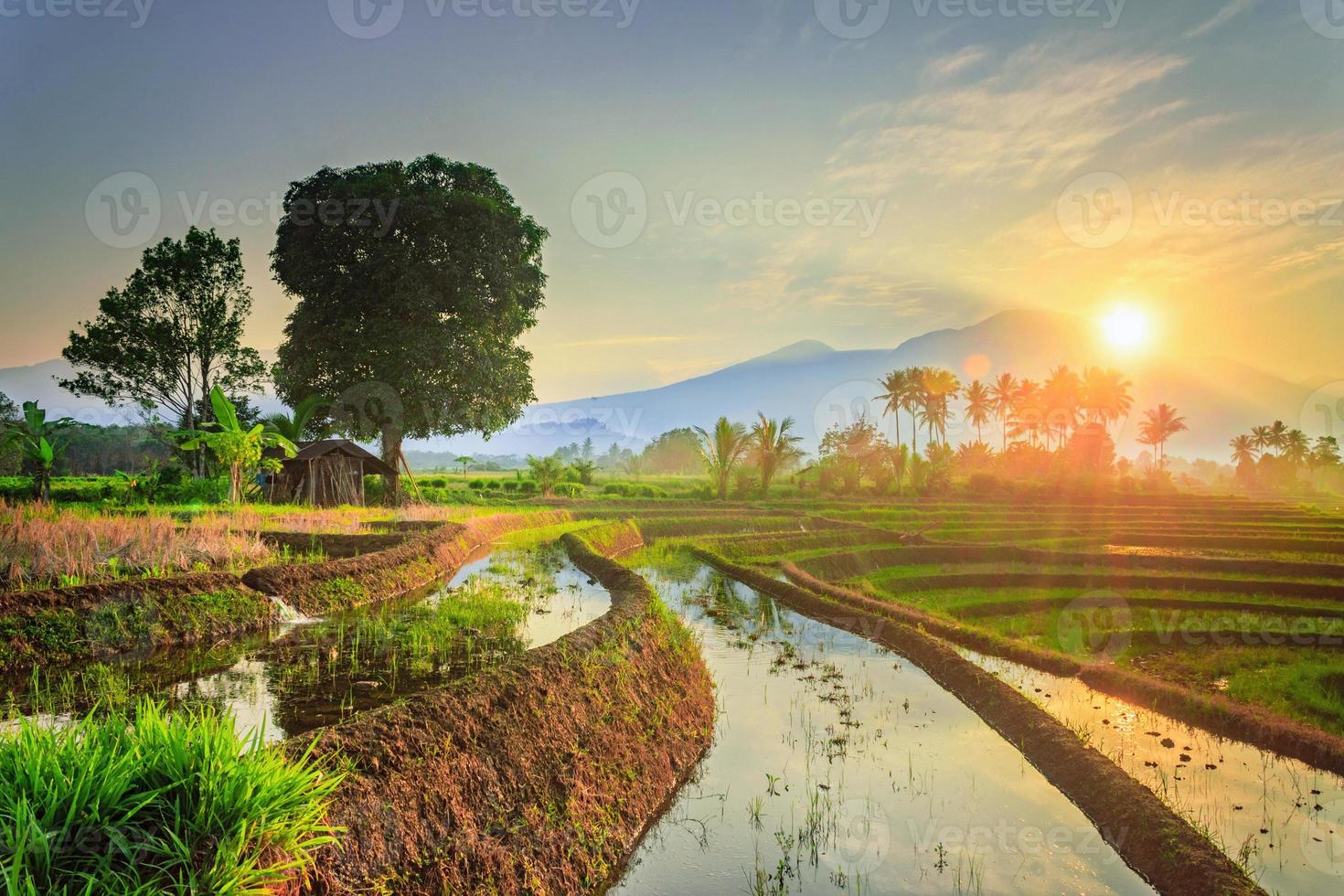 morning view in small village with mountain at sunrise in summer photo