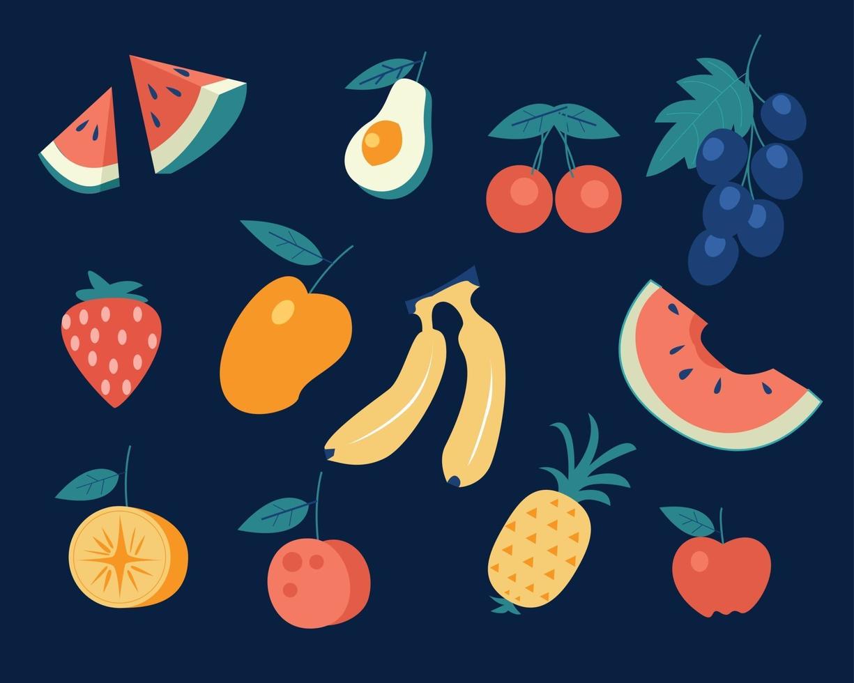 concepto de conjunto de ilustración de vector plano de frutas