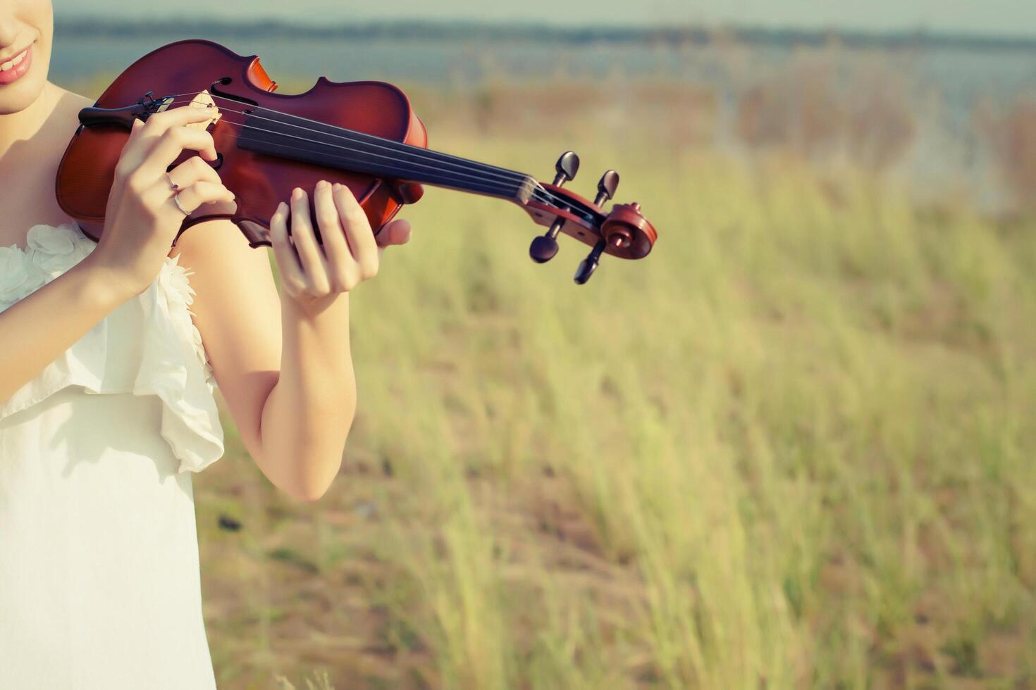 Beautiful Woman standing Playing the violin in the meadow photo