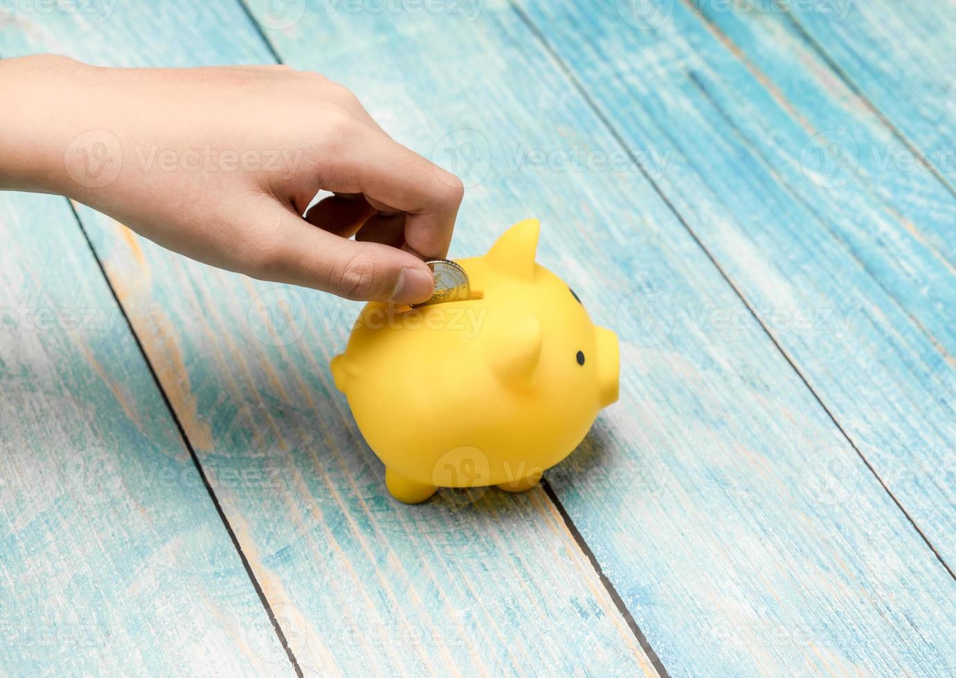 Hand putting money coin into piggy bank for save and financial concept photo