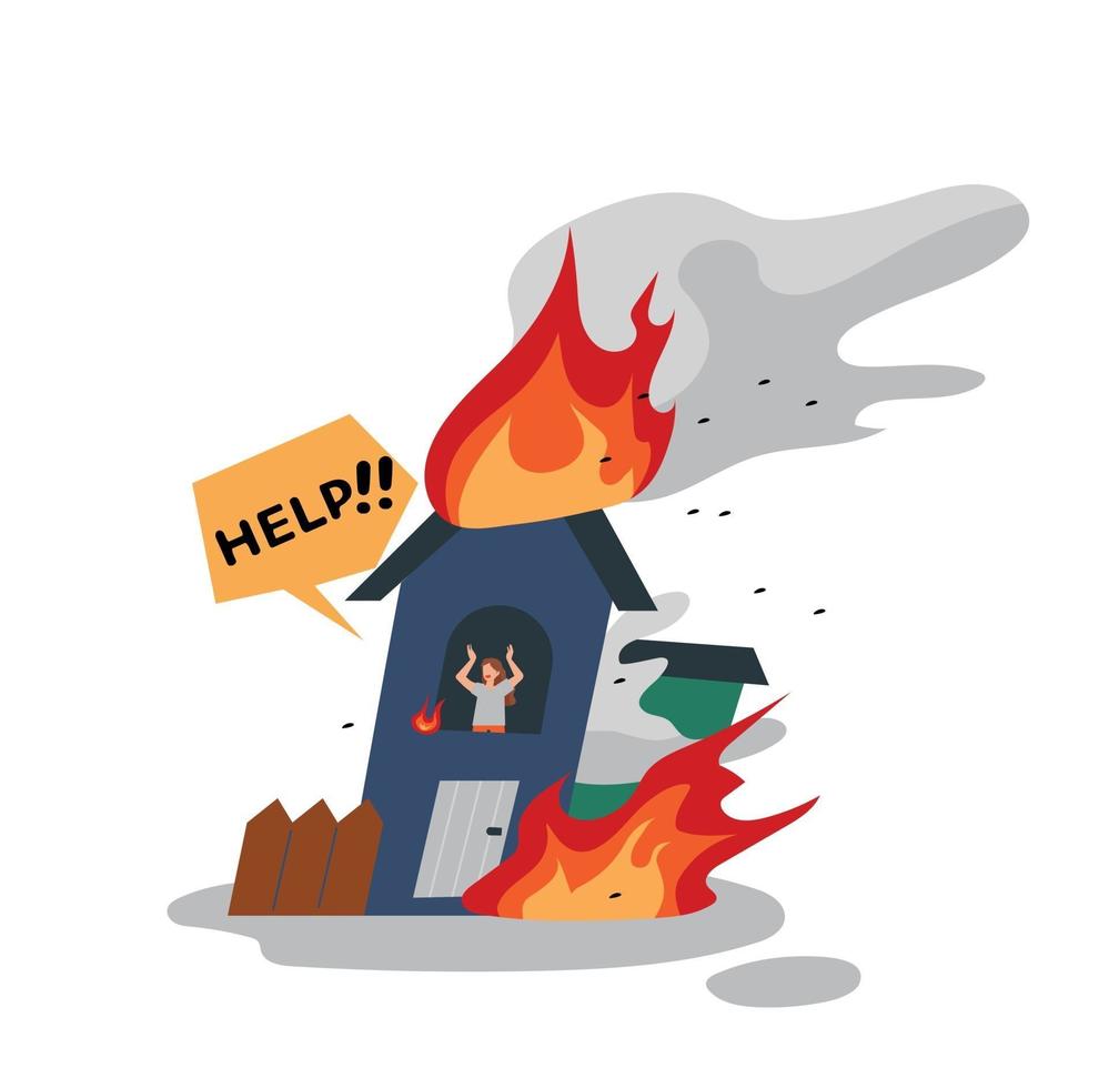 un hombre en una casa en llamas pide ayuda. vector