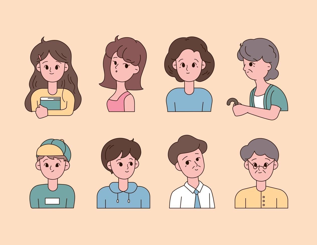 A collection of avatars by age with cute faces. vector