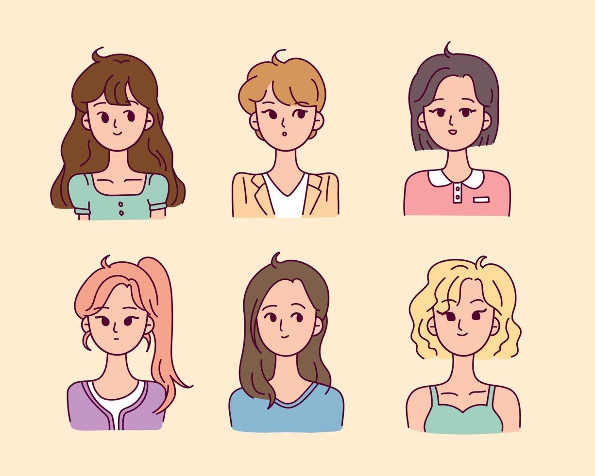 una colección de personajes femeninos en la parte superior del cuerpo con varios peinados. vector