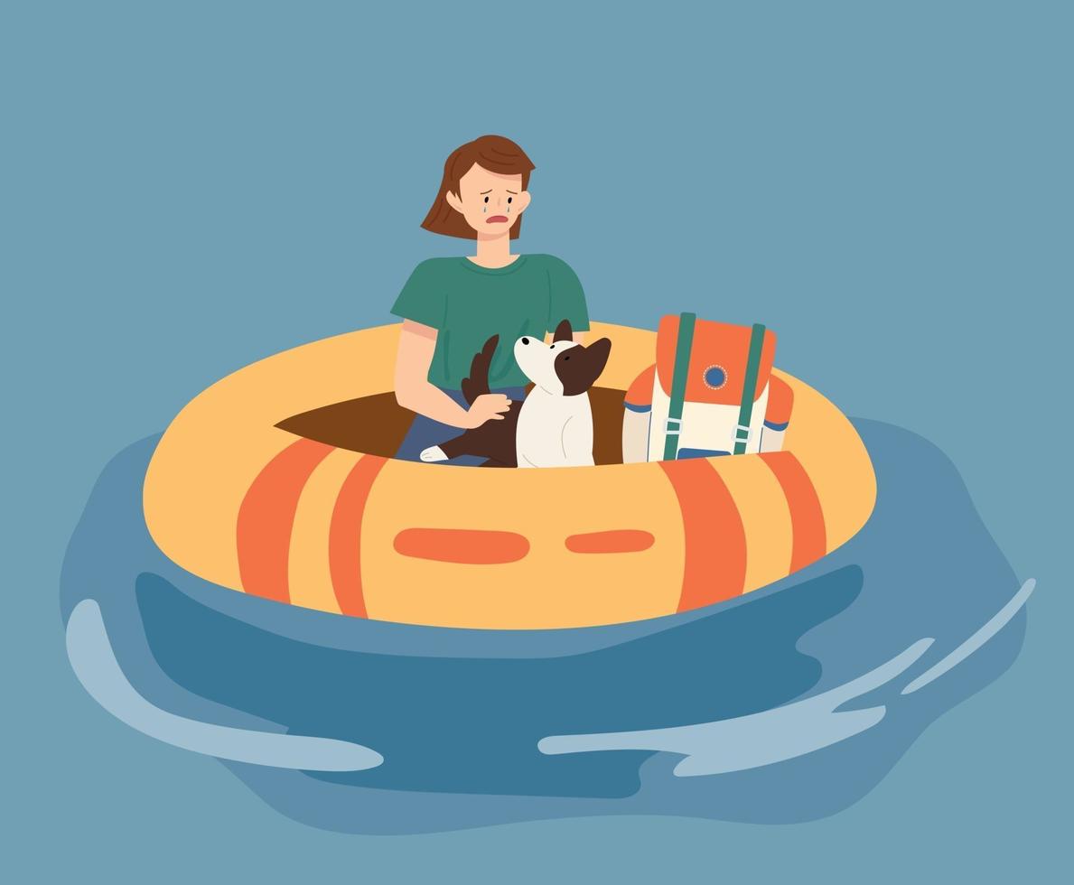 A woman has lost her home in floods and is on a boat with her pet dog vector