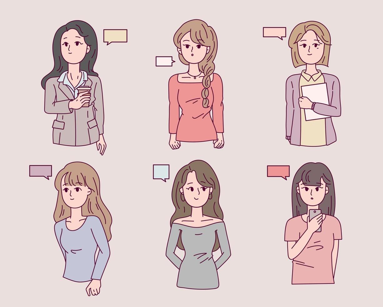 personajes femeninos en diferentes estilos de moda. vector