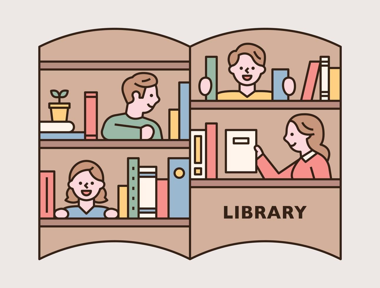People characters are smiling among the books on the shelves. vector