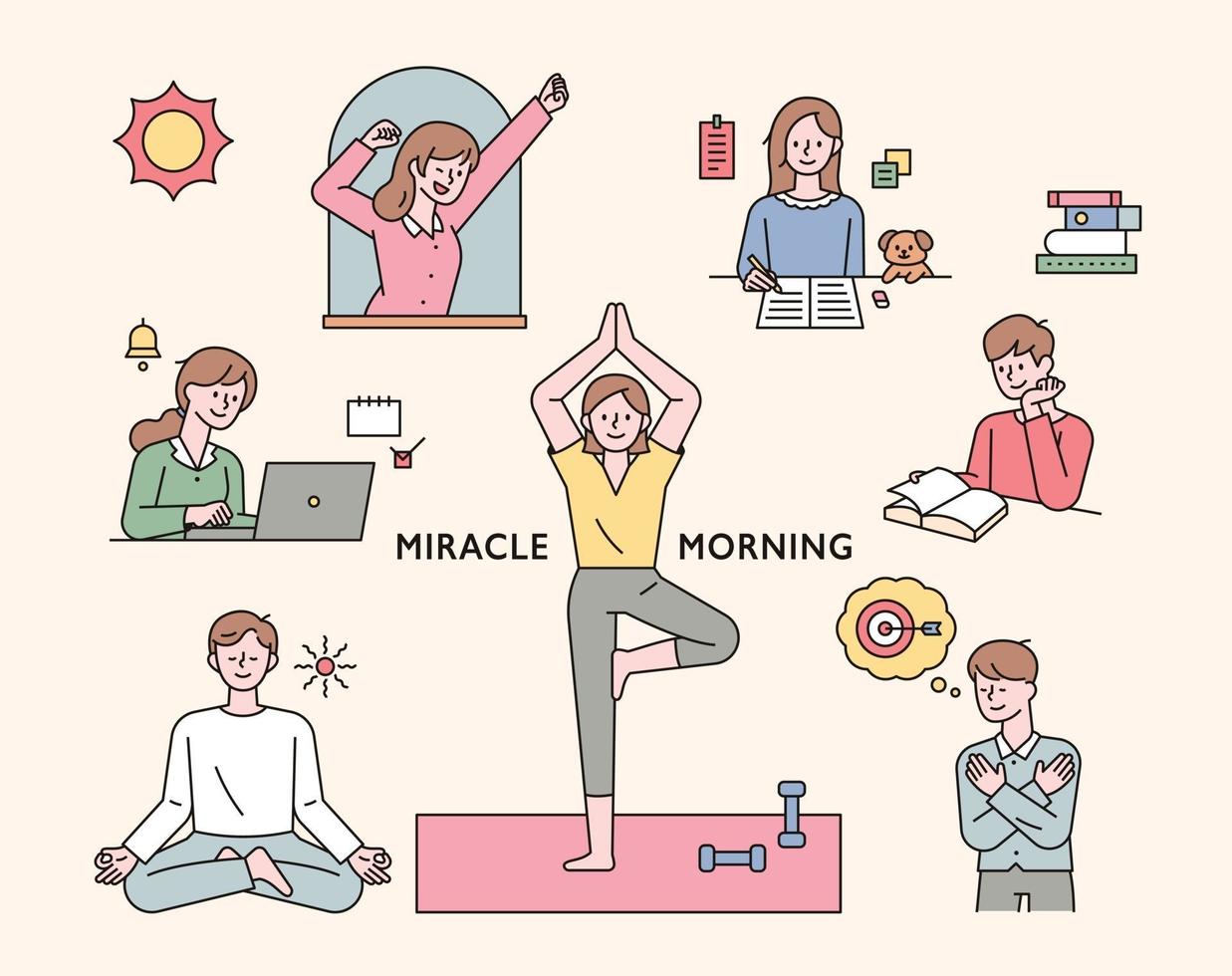 People doing morning routine for self-improvement. vector