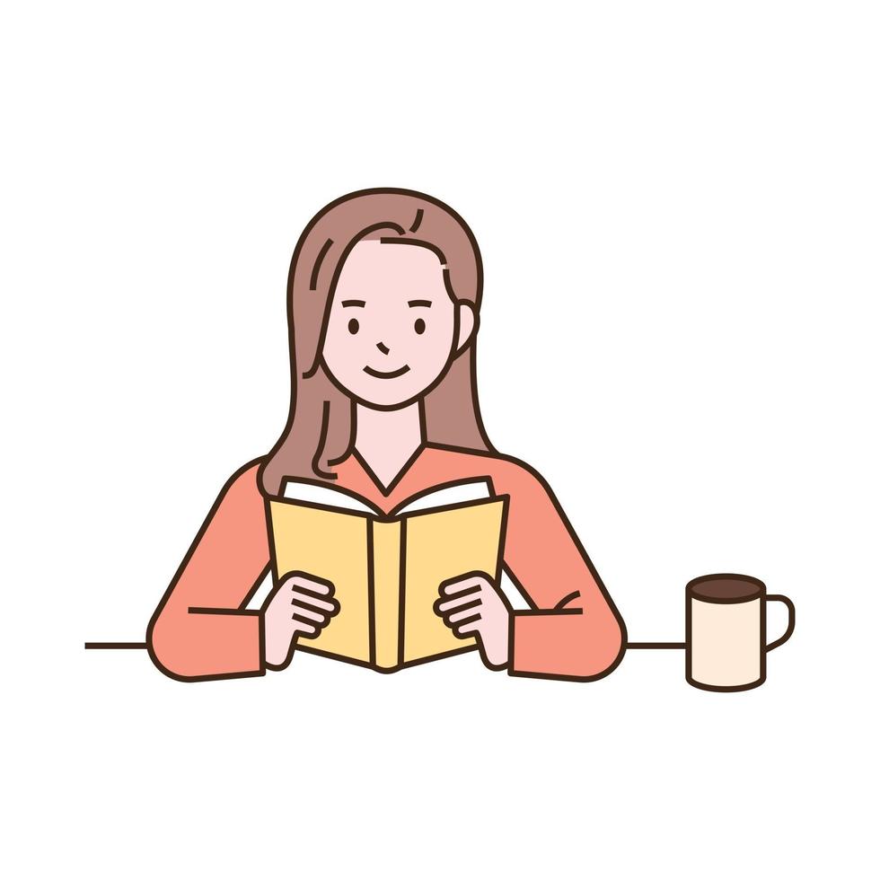 una mujer está sentada en su escritorio y lee un libro. vector