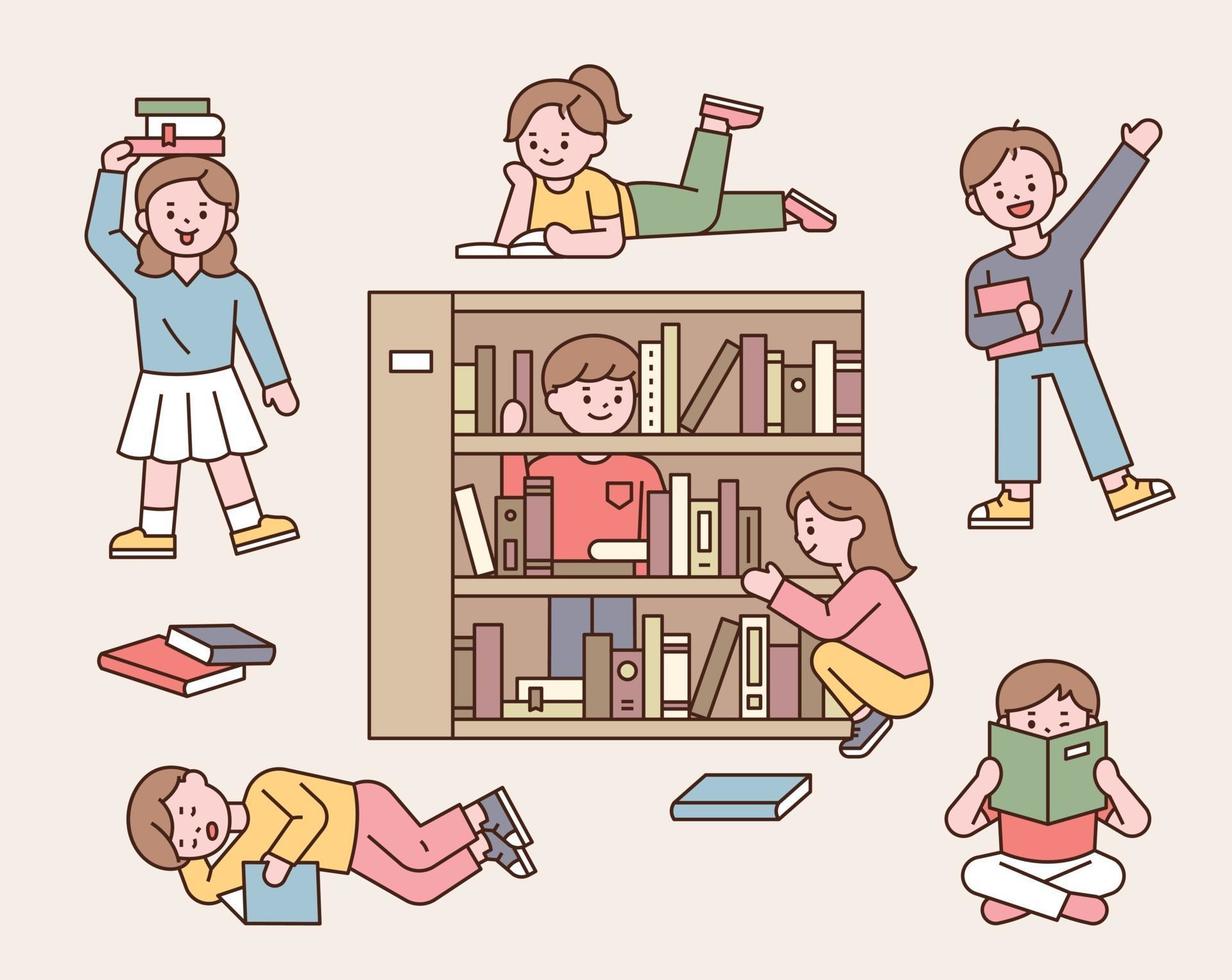 Cute children are reading or playing around bookshelves. vector