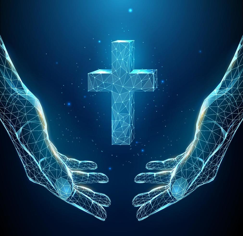 Abstract blue pair of hand holds cross. vector