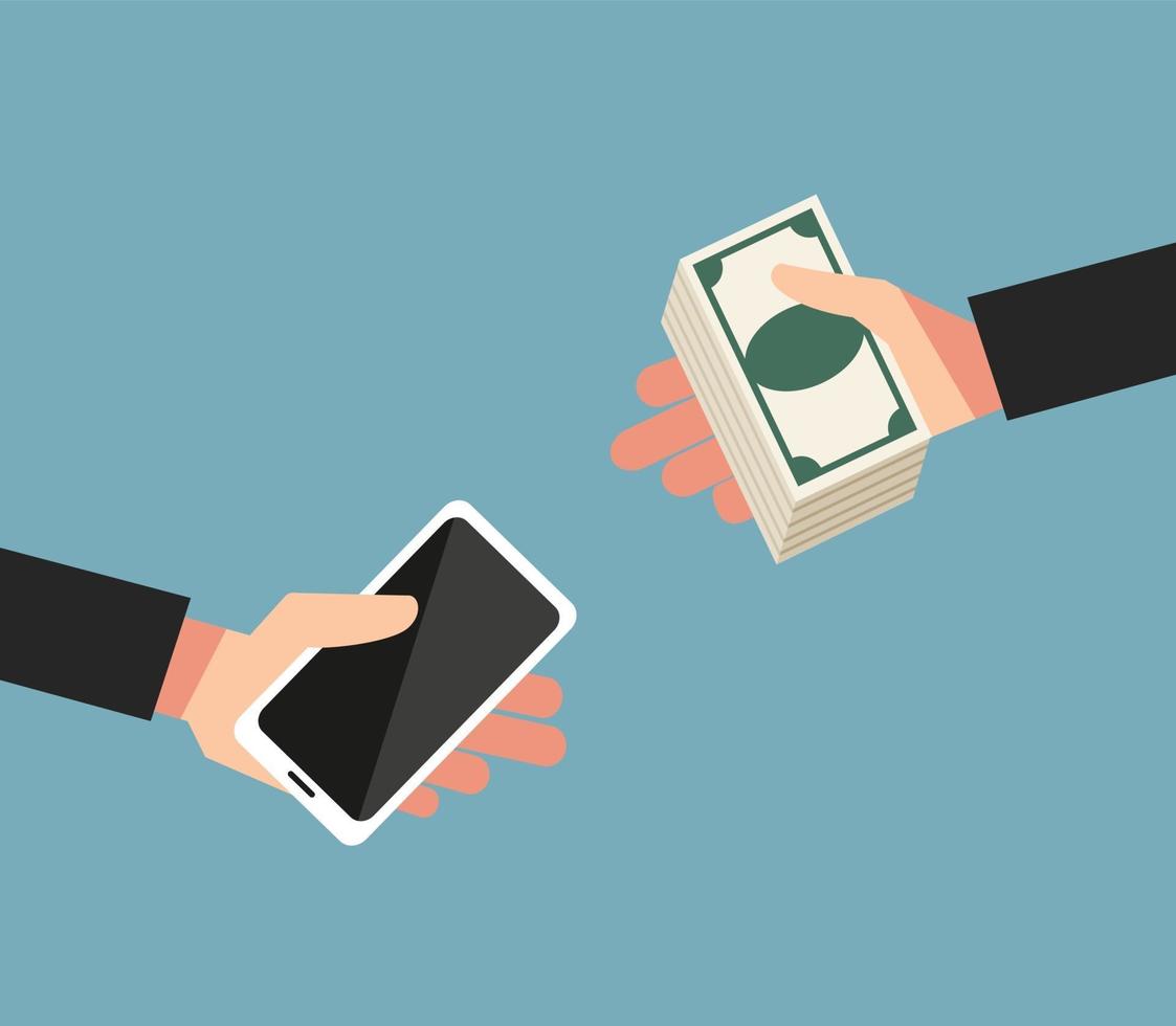 The concept of swapping money for mobile phone vector