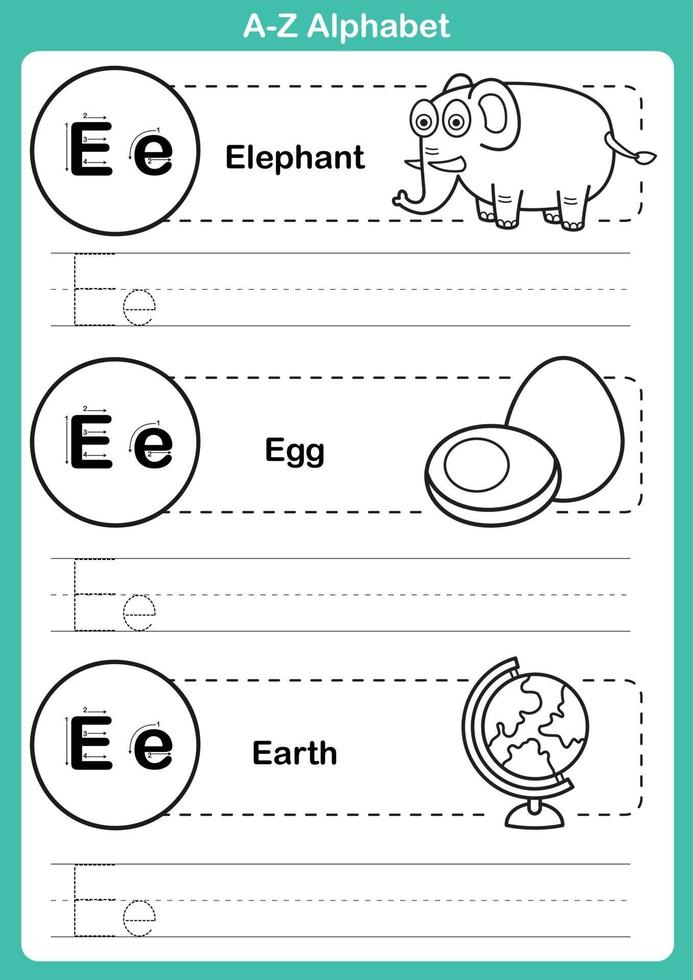 Ejercicio del alfabeto az con vocabulario de dibujos animados para colorear libro vector