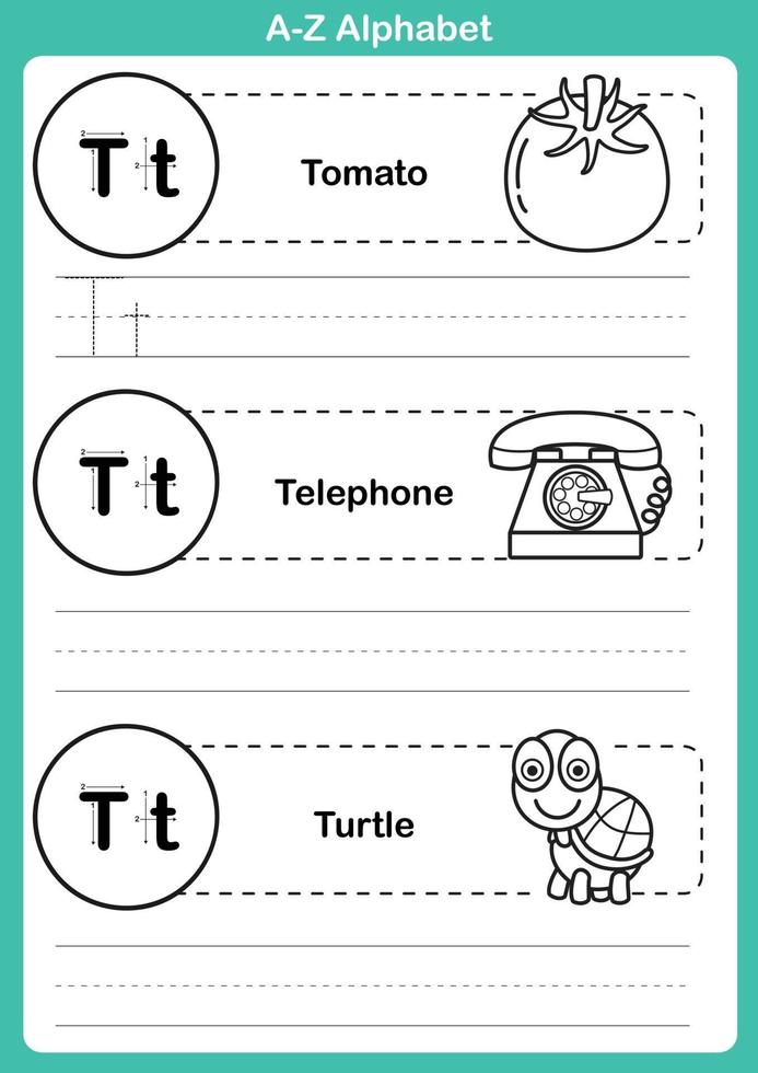 Ejercicio del alfabeto az con vocabulario de dibujos animados para colorear libro vector