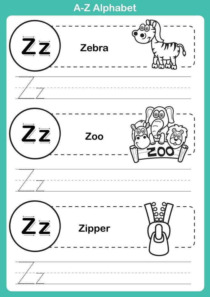Ejercicio del alfabeto az con vocabulario de dibujos animados para colorear libro vector