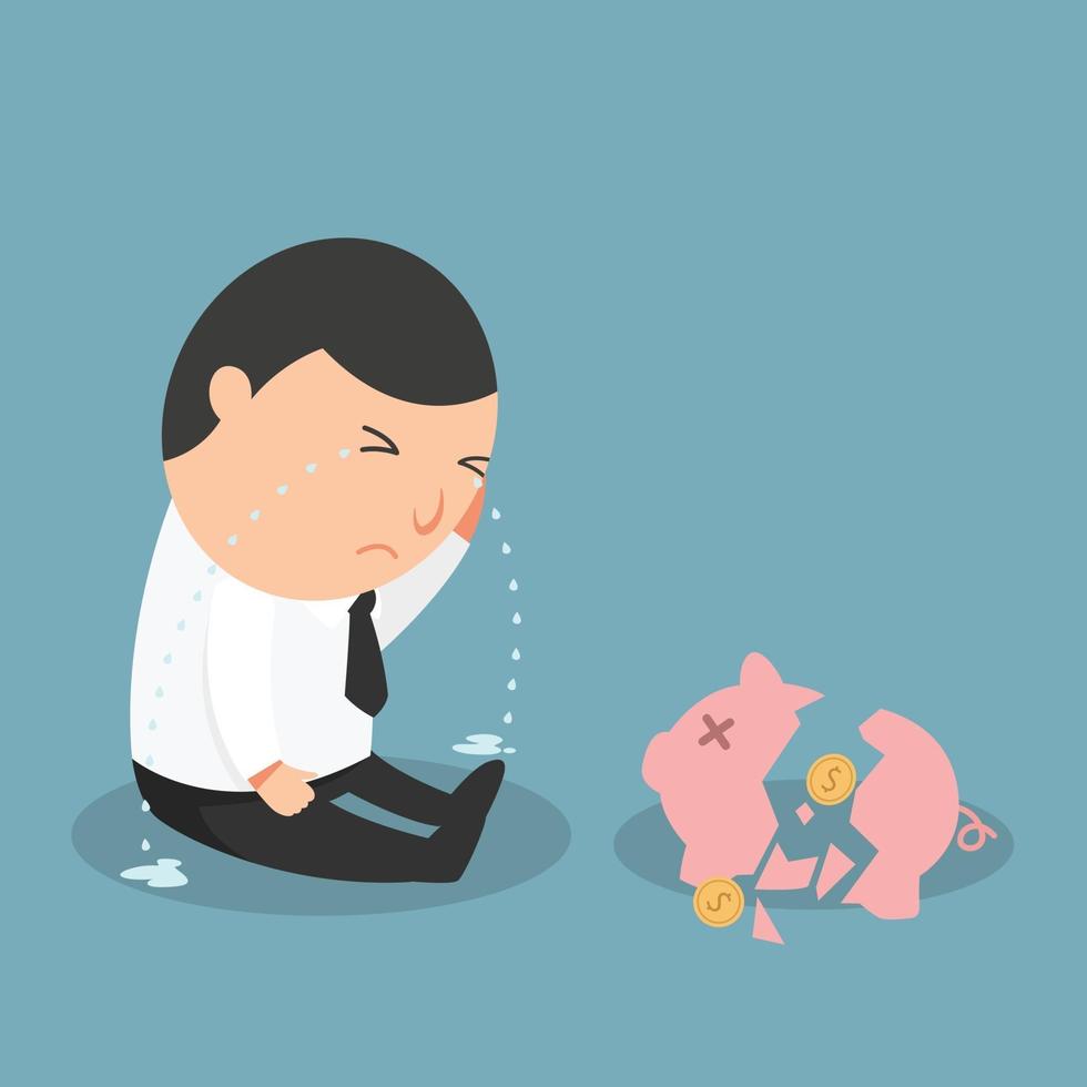Broken piggy bank-the man crying because of being poor vector