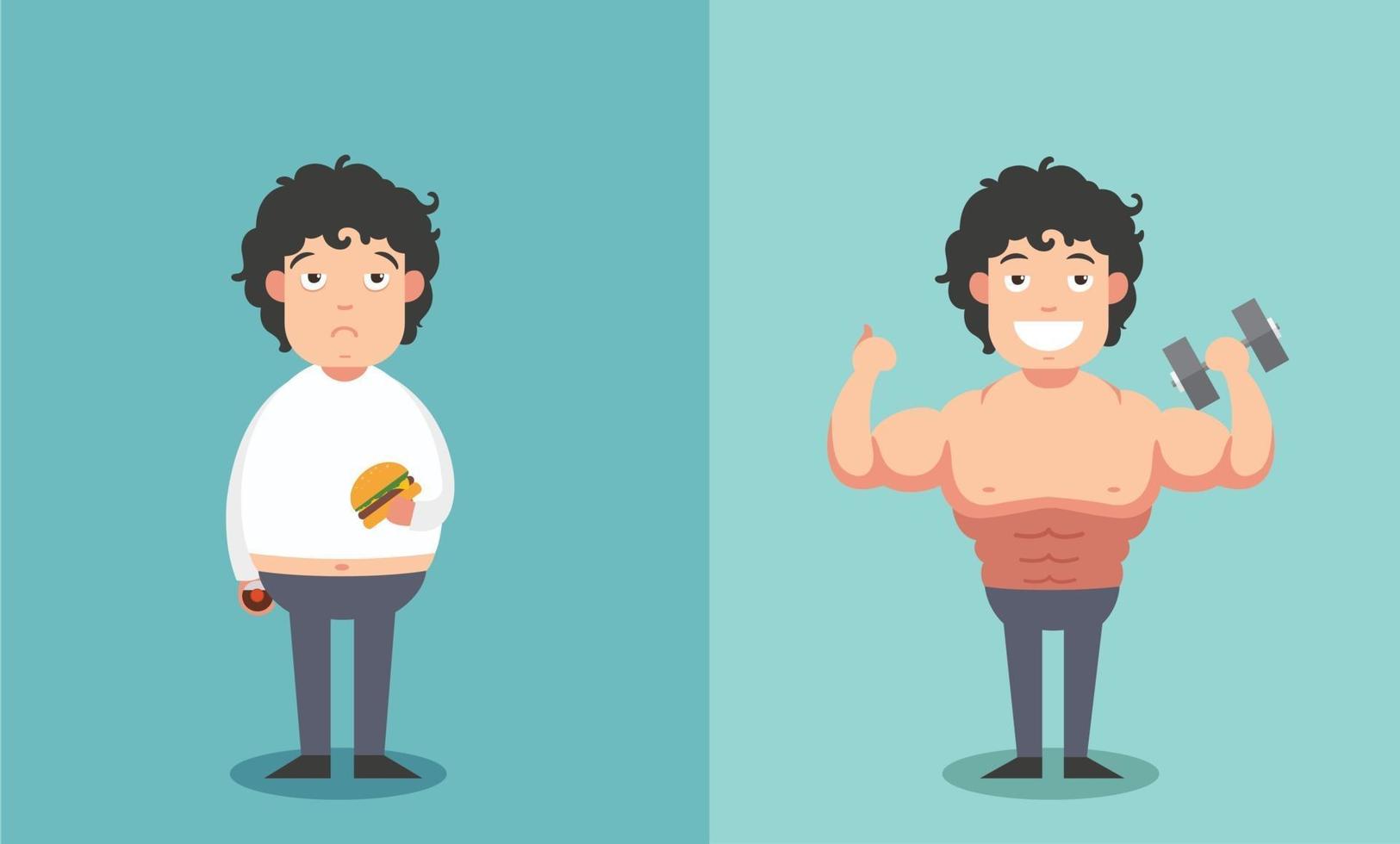 antes y después del hombre en concepto de formas gordas y delgadas vector