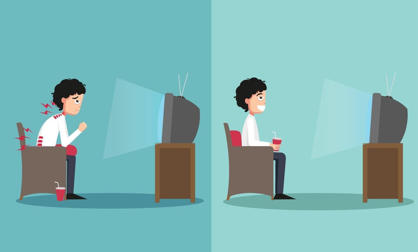 The sample of the guy sitting in wrong and right ways for watching tv vector