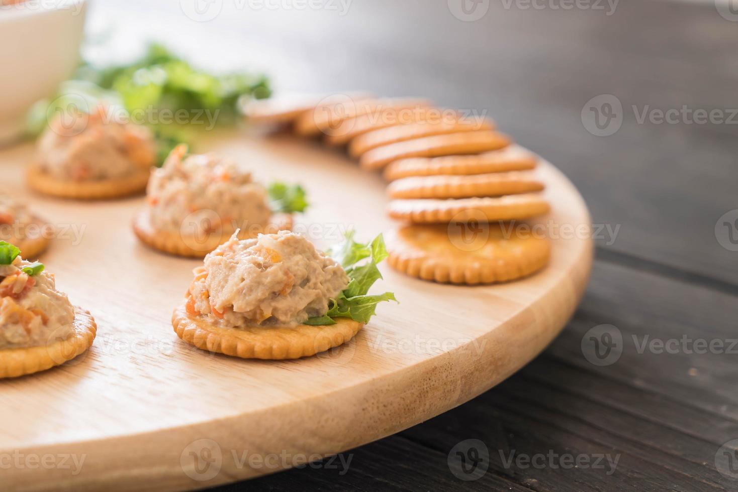 Atún para untar con galleta sobre tablero de madera foto