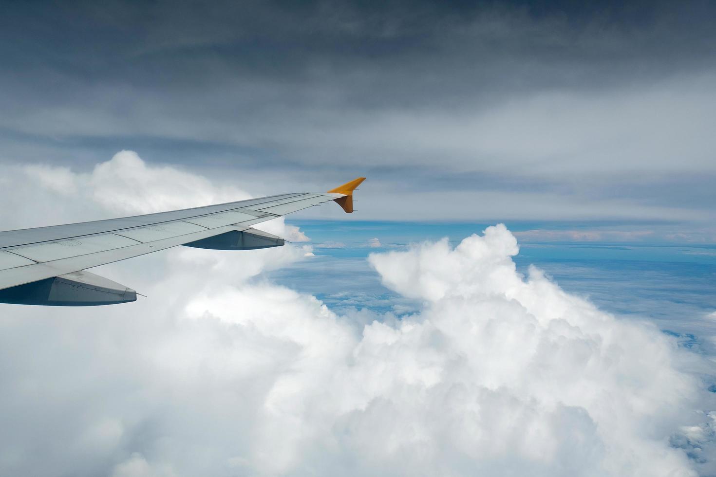 Wing of an airplane flying. photo