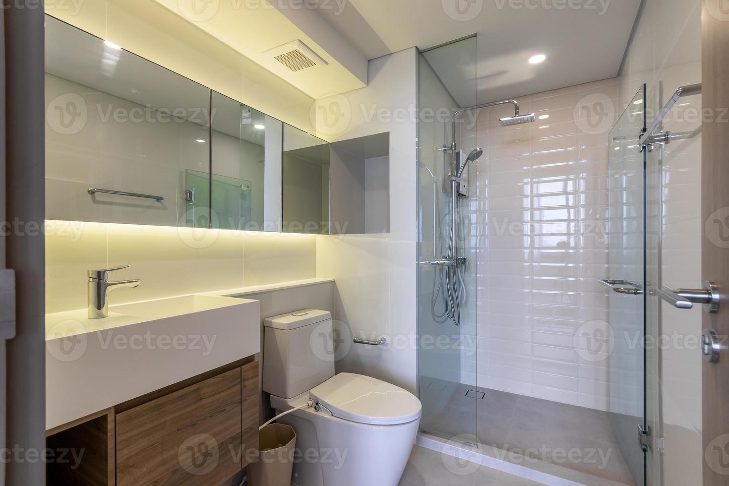 Clean and white Bathroom with Amenities in Luxurious Apartment photo