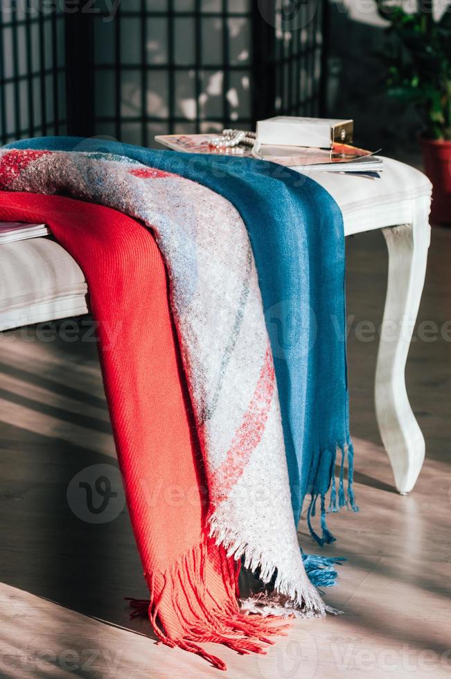 beautifully displayed colorful textile scarves photo