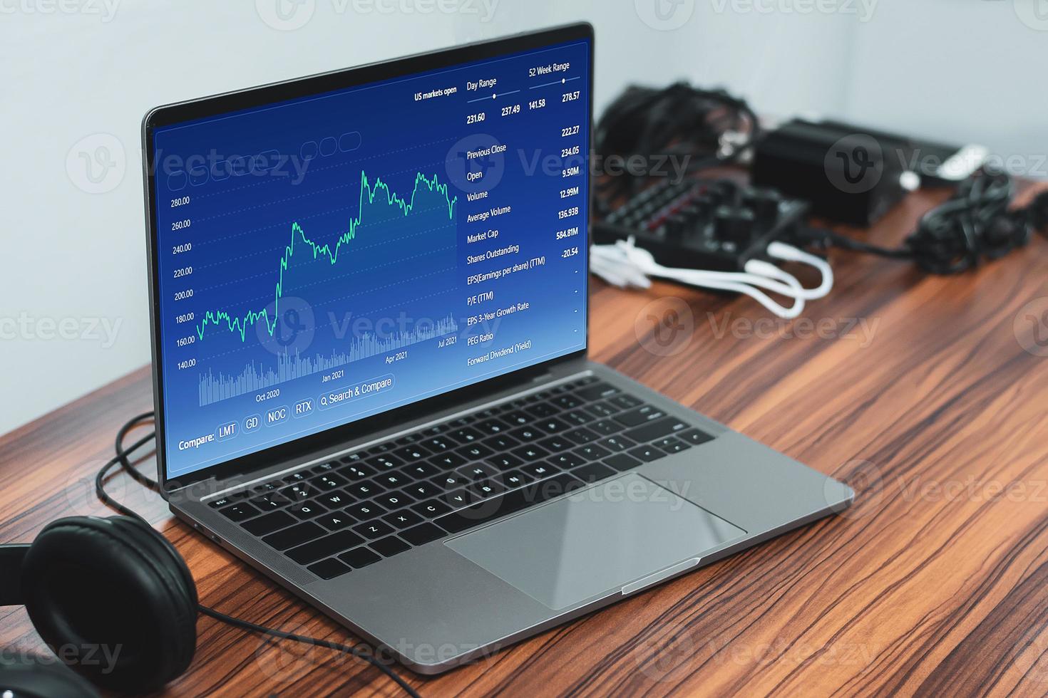 Trading online digital graph chart in computer technology at home photo