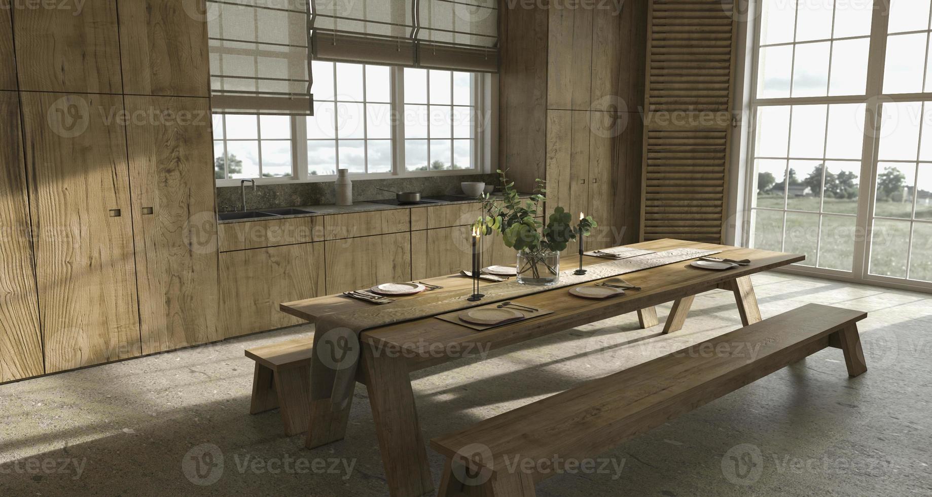 Cocina de madera estilo casa de campo escandinava con mesa de comedor foto