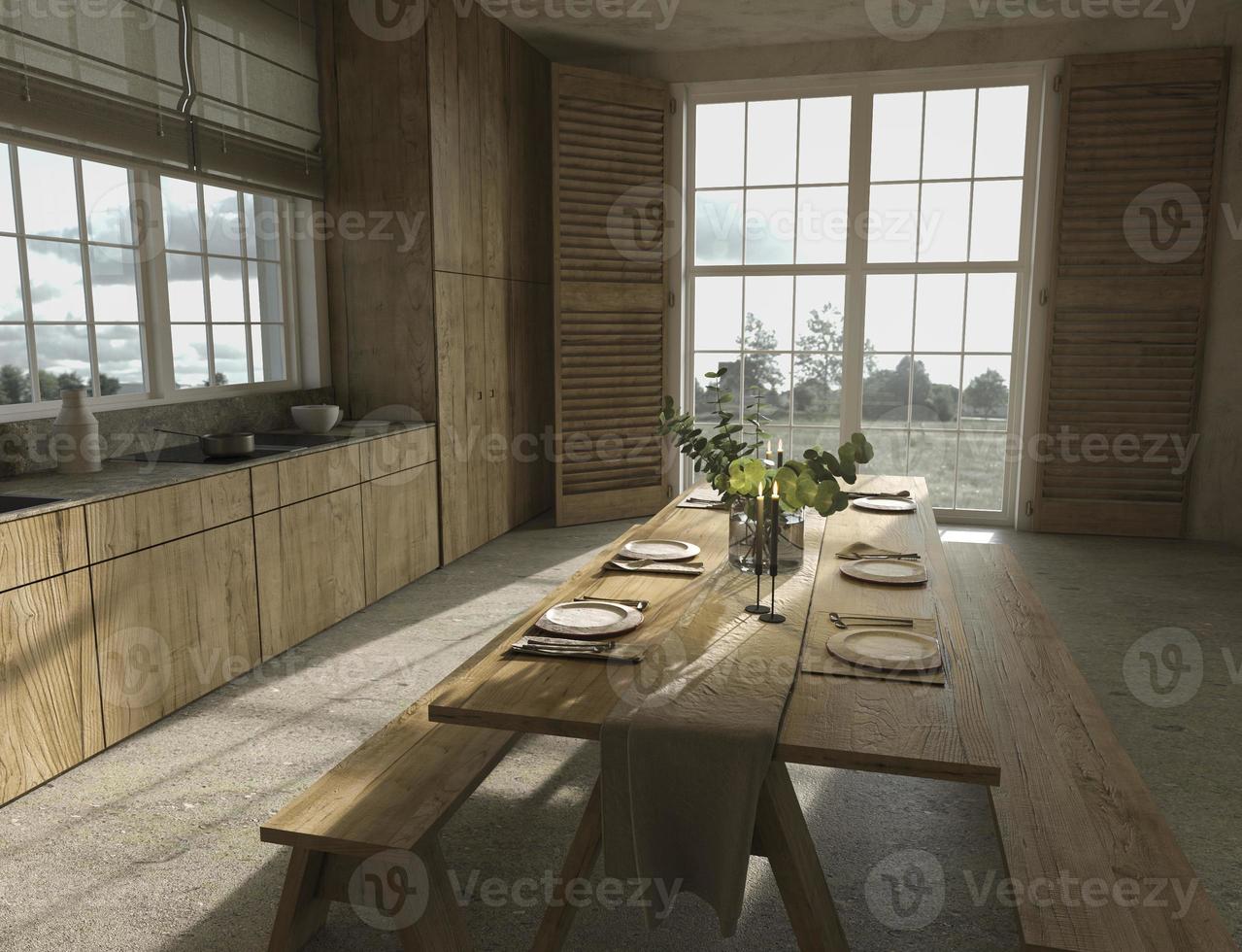 Cocina de madera de estilo escandinavo y mesa de comedor con platos. foto