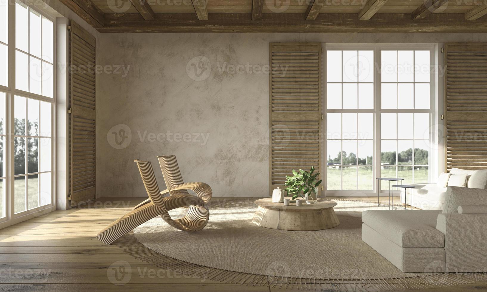 farmhouse style beige living room interior with wooden furniture photo