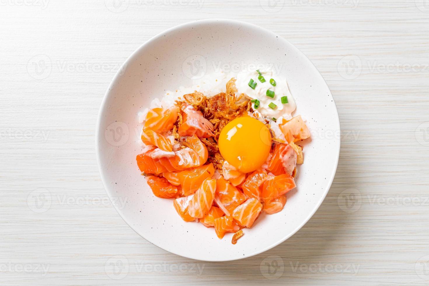 Japanese rice with fresh salmon raw and egg photo