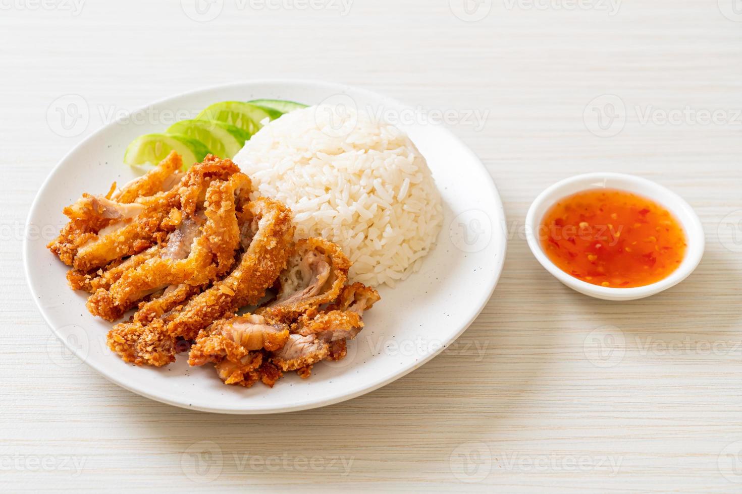 Hainanese chicken rice with fried chicken photo