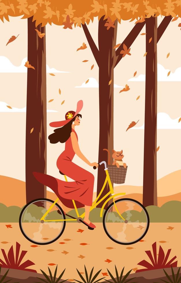 mujer joven feliz monta una bicicleta vector