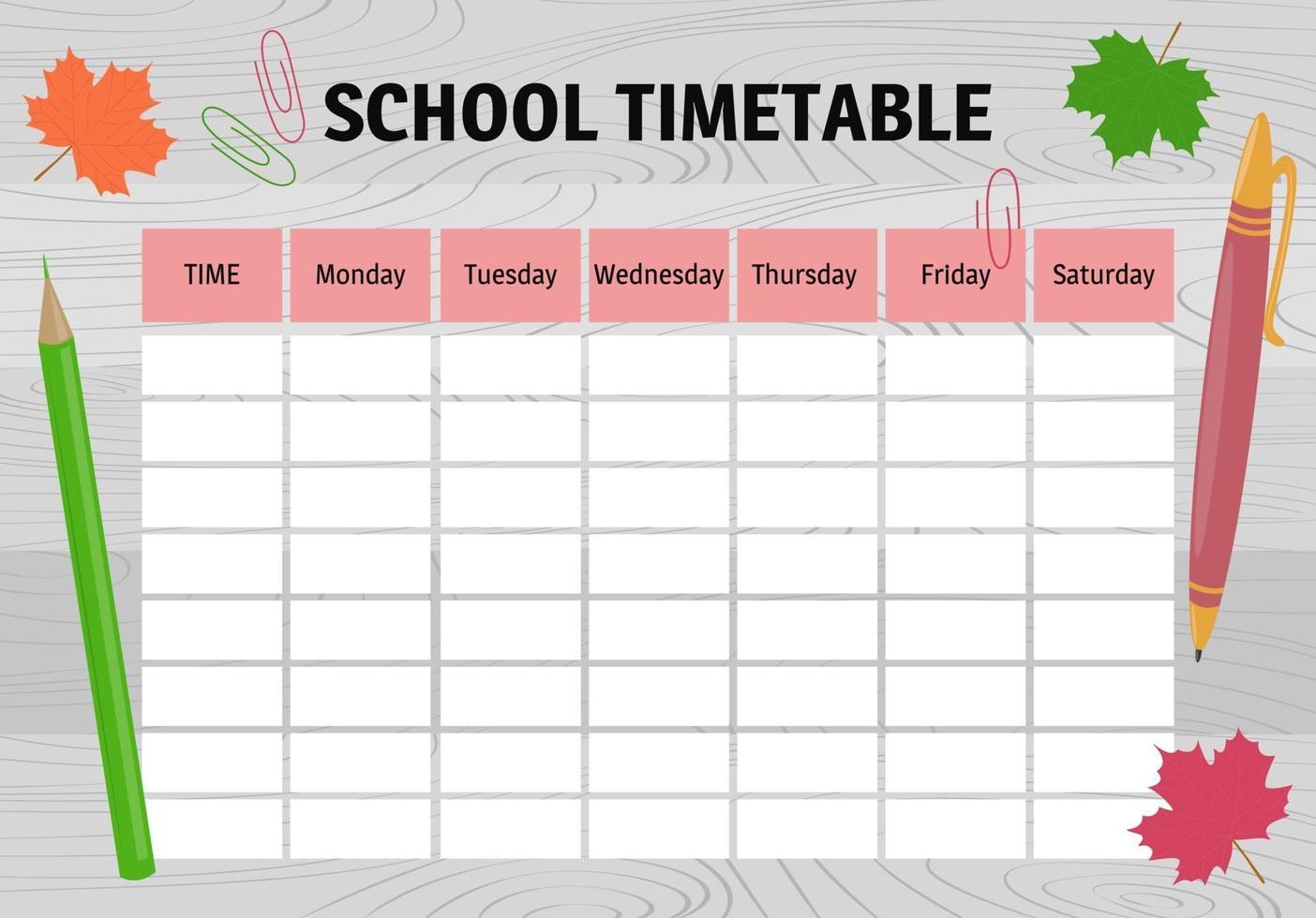 School timetable. Design of planner on wooden table. Weekly schedule vector