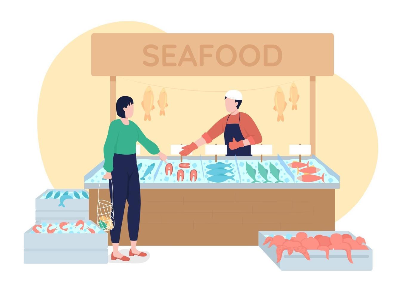 puesto de mariscos con producción congelada 2d vector ilustración aislada