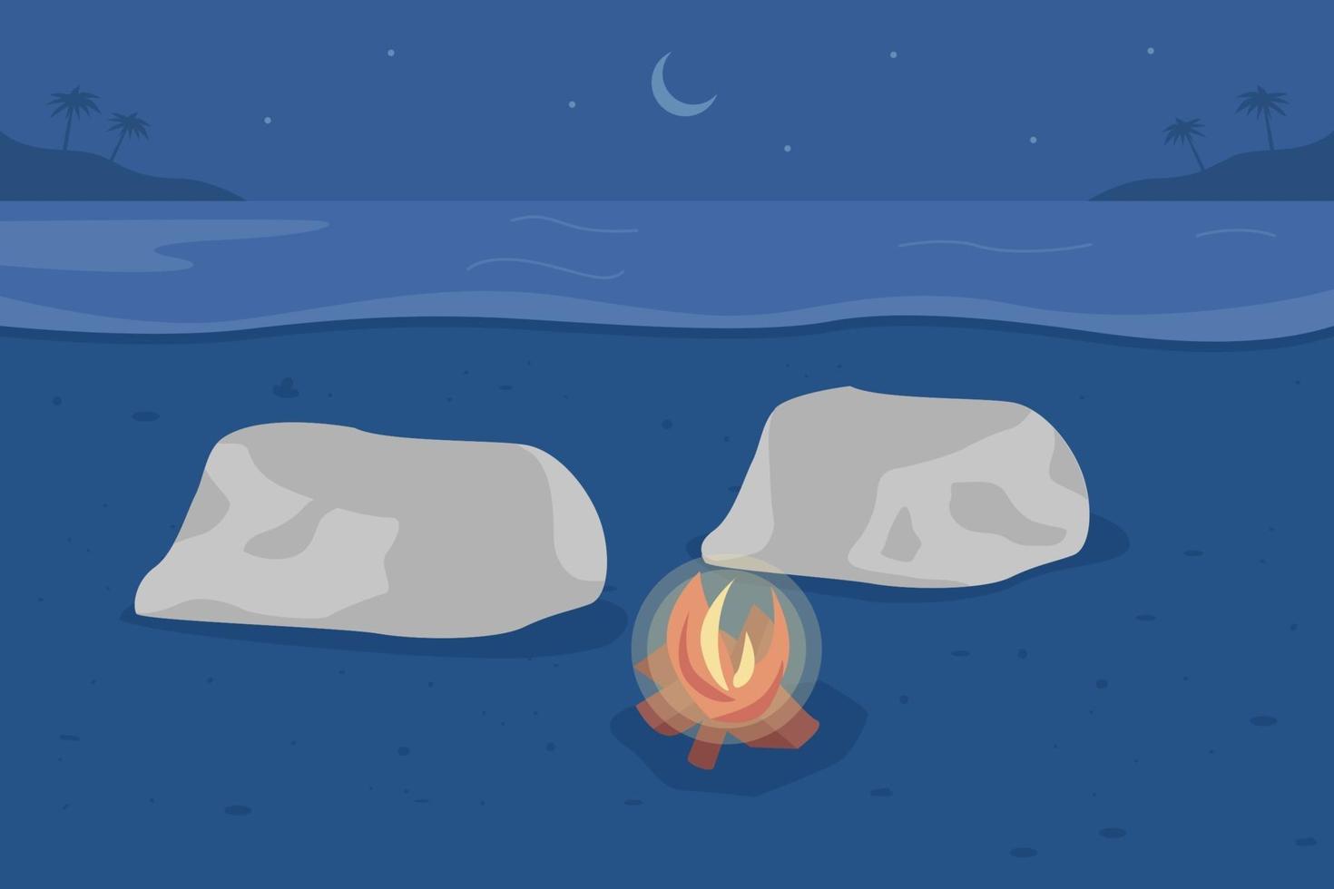 Beach bonfire flat color vector illustration