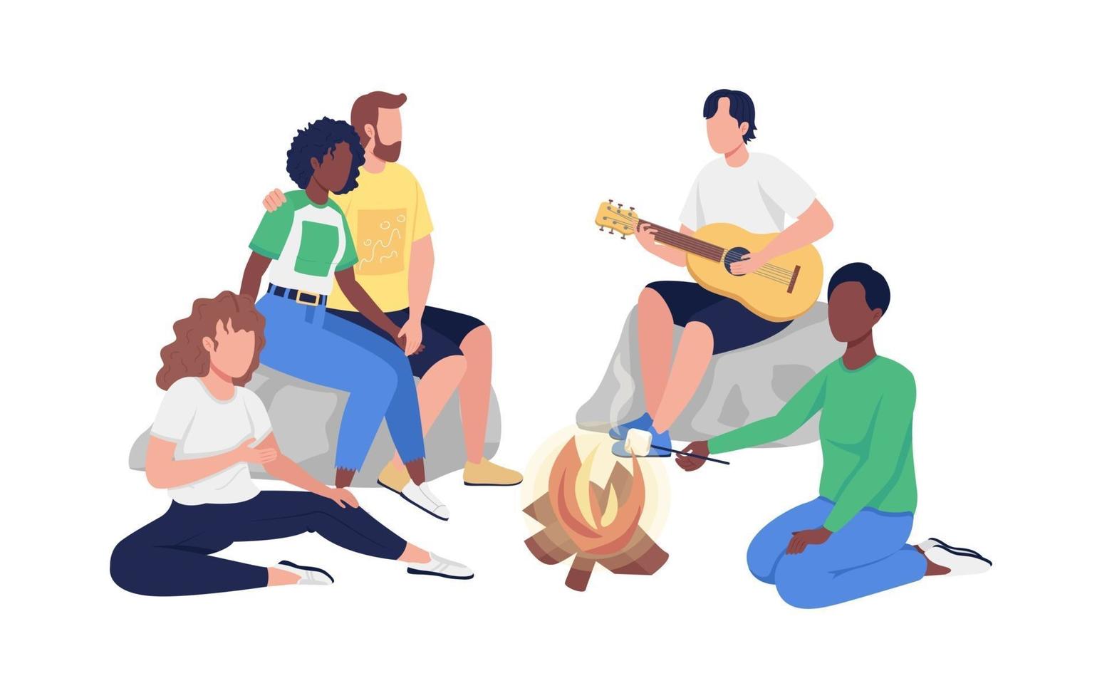 Friends sitting around campfire semi flat color vector characters