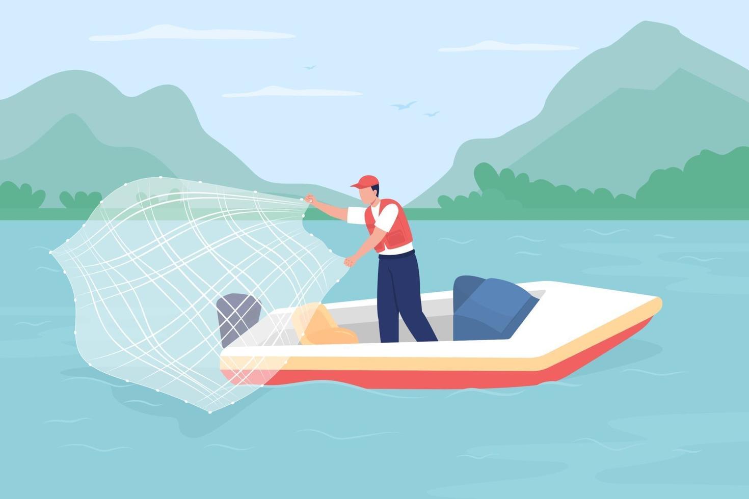 Pesca con red desde la ilustración de vector de color plano de barco